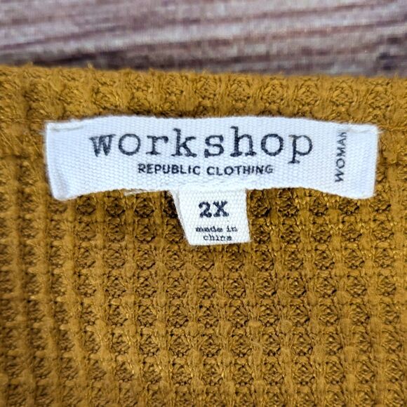 Workshop Republic Women's Top 2X Mustard Yellow V-Neck Long Sleeve Waffle Tee - Picture 3 of 13